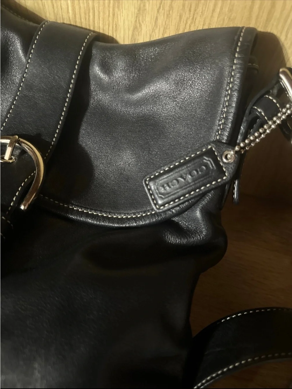Black Leather Buckle-Front Shoulder Bag